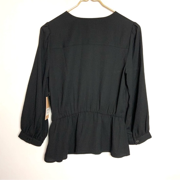 NWT Halogen Sz XS Black Surplice Faux Wrap Long Sleeve Peplum Blouse - Picture 2 of 5